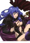  absurdres blue_eyes blue_hair breasts cape cleavage fingernails garter_straps highres lipstick long_fingernails long_nails macross macross_frontier macross_frontier:_itsuwari_no_utahime makeup nail_polish sheryl_nome solo thigh-highs thighhighs 