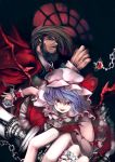  bat_wings beard blue_hair brooch brown_hair cape chain chains crossover facial_hair fangs fingernails foreshortening guilty_gear hands hat hat_ribbon highres jewelry mustache nail_art open_mouth red_eyes remilia_scarlet ribbon ring serizawa_mutsuki short_hair slayer slayer_(guilty_gear) smile touhou veins wings 