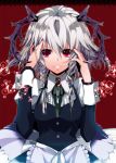  braid bust hand_on_own_face hand_to_face hands_on_own_face highres horns izayoi_sakuya light_smile maid manya_(mohu_is-mine) manyako_(mohumohu) nail_polish pink_eyes short_hair silver_hair solo touhou 