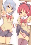  2girls altorealize blue_hair bow hair_bow mahou_shoujo_madoka_magica miki_sayaka multiple_girls panties photo_(object) pink_panties red_hair redhead sakura_kyouko school_uniform short_hair skirt skirt_lift thighhighs underwear v wink 