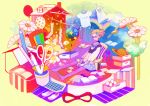  artist_request balloon blonde_hair book chair character_request chick choker dress fish flower glasses hair_bow house letter paper pen pencil planet rain rainbow scissors sitting skirt solo source_request twintails 