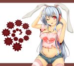  alternate_hair_color animal_ears bare_shoulders blue_hair breasts bunny_ears casual cleavage collarbone contemporary denim fukunaga_kazuhiro headphones long_hair midriff navel red_eyes reisen_udongein_inaba short_jeans short_shorts shorts solo striped striped_legwear striped_thighhighs thigh-highs thighhighs touhou very_long_hair wink 