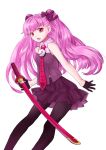  artemis_(harunoibuki) bare_shoulders bow clock gloves hair_bow harunoibuki necktie open_mouth original pantyhose pink_eyes pink_hair skirt solo sword tongue twintails weapon 