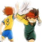  brown_hair closed_eyes clothes_writing clothing_writing compacthuman crossover endou_mamoru eyes_closed gloves goalkeeper grin high_five inazuma_eleven inazuma_eleven_(series) inazuma_eleven_go matsukaze_tenma multiple_boys raimon rumia_(compacthuman) smile soccer_uniform time_paradox white_background 