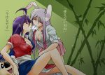  ahoge angeldust animal_ears bamboo breasts bunny_ears cigarette_kiss cleavage cosplay doala genderswap long_hair morswa multiple_girls necktie no_bra open_clothes open_shirt purple_hair red_eyes reisen_udongein_inaba shirt skirt sleeves_rolled_up tail touhou translated translation_request yagokoro_eirin yagokoro_eirin_(cosplay) yuri 
