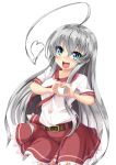  1girl ahoge amau_(kosmos) belt haiyore!_nyaruko-san heart heart_ahoge heart_hands long_hair nyarlathotep_(nyaruko-san) school_uniform silver_hair skirt very_long_hair 