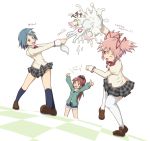  blue_eyes blue_hair cake checkered checkered_floor fang food food_on_face in_the_face kaname_madoka kyubey long_hair mahou_shoujo_madoka_magica miki_sayaka multiple_girls official_style onsen_(riai) pie_in_face pink_eyes pink_hair ponytail red_eyes red_hair redhead riai_(onsen) sakura_kyouko school_uniform short_hair thighhighs thumbs_up translated twintails 