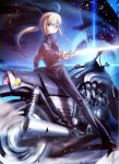  black_gloves blonde_hair cropped excalibur fate/stay_night fate/zero fate_(series) formal from_behind gloves glowing glowing_sword glowing_weapon green_eyes looking_back motor_vehicle motorcycle pant_suit ponytail saber suit sword takeuchi_takashi type-moon v-max vehicle weapon yamaha yamaha_v-max 