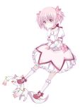  gloves highres kaname_madoka kyubey light_smile looking_at_viewer magical_girl mahou_shoujo_madoka_magica pink_eyes pink_hair red_eyes shichouson shoes short_hair simple_background stepping twintails white_gloves 