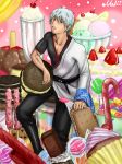  blue_hair boots bottle cakes candy food fruit gintama ichelintan male open_clothes open_shirt polka_dot red_eye red_eyes sakata_gintoki sitting solo strawberry sweets white_hair 