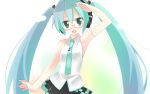  :d aqua_eyes aqua_hair arata_toshihira arm_up armpits bespectacled glasses hatsune_miku headphones highres long_hair necktie open_mouth skirt smile solo twintails very_long_hair vocaloid vocaloid_(lat-type_ver) 