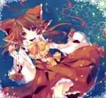  afloat ana_(rznuscrf) ascot bad_id bare_shoulders bow brown_eyes brown_hair detached_sleeves dress hair_bow hair_tubes hakurei_reimu highres long_hair lying miko on_back solo submerged touhou water 