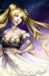  bishoujo_senshi_sailor_moon blonde_hair blue_eyes breasts cleavage double_bun dress earrings erina facial_mark flower forehead_mark hair_flower hair_ornament highres jewelry lips long_hair night night_sky noa_ikeda princess_serenity realistic ring sky solo star_(sky) starry_sky tsukino_usagi twintails very_long_hair white_dress 