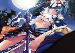  armor bikini_armor blue_eyes breasts building chain chains copyright_request dutch_angle east_asian_architecture foreshortening kusarigama long_hair mask moon natsuhiko night night_sky pov sickle sky solo star_(sky) thighs under_boob underboob weapon 
