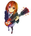  1girl brown_hair foreshortening from_above guitar hirasawa_yui instrument k-on! looking_up pantyhose perspective school_uniform sham_fu short_hair simple_background skirt smile solo 