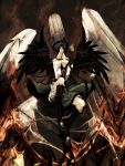  arm_cannon arm_up black_hair black_wings bloomers boots bow cape fire hair_bow highres knee_boots large_wings memai red_eyes reiuji_utsuho rock rope sitting solo touhou weapon wings 