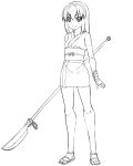  1girl amau_(kosmos) highres japanese_clothes monochrome sandals sleeveless solo weapon 