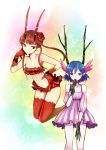  antlers bare_shoulders blue_hair brown_hair c_(control) c_the_money_of_soul_and_possibility_control detached_sleeves dress eating flower green_eyes hair_flower hair_ornament head_wings horns kara_(color) mashu mashu_(control) midriff money mouth_hold multiple_girls pointy_ears q_(c) q_(control) red_eyes red_rose rose thigh-highs thighhighs 