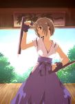 breasts brown_hair cleavage fighting_stance fingerless_gloves gloves hakama highres japanese_clothes jpeg_artifacts kobanzame original outdoors short_hair sky solo tonfa tree weapon 
