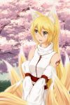  bare_shoulders blonde_hair copyright_request detached_sleeves fox_ears fox_tail grey_eyes highres long_hair midnight_(artist) multiple_tails smile solo tail 