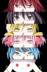  black_eyes black_hair blonde_hair blue_eyes blue_hair column_lineup drill_hair glowing glowing_eyes happy_strawberry kaname_madoka kyubey mahou_shoujo_madoka_magica miki_sayaka parody persona persona_eyes pink_eyes pink_hair red_eyes red_hair redhead riria_(happy_strawberry) sakura_kyouko short_hair tomoe_mami twin_drills yellow_eyes 