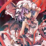  adapted_costume arm_up bat_wings dain dress hat jewelry moon purple_hair red_eyes red_moon remilia_scarlet ribbon short_hair sleeveless solo touhou wings wrist_cuffs 