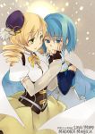  blonde_hair blue_eyes blue_hair cape dress drill_hair gloves hair_ornament hands_on_another's_face hands_on_face hat magical_girl mahou_shoujo_madoka_magica miki_sayaka multiple_girls short_hair smile tears tomoe_mami yellow_eyes 