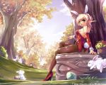  blonde_hair blood_elf bunny bunny_ears bunny_girl bunny_tail bunnysuit detached_sleeves forest green_eyes high_heels legs nature pantyhose pointy_ears ponytail rabbit shoes sitting tail tree warcraft windforcelan 