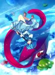  /\/\/\ 1girl :p blue_eyes blue_hair capura_lin cloud clouds dress flying geta heterochromia karakasa_obake no_socks red_eyes short_hair skirt sky solo tatara_kogasa tongue touhou ufo umbrella upside-down 