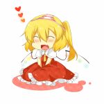  1girl :d ^_^ bad_id blonde_hair closed_eyes eiri_(eirri) fang flandre_scarlet heart object_on_head open_mouth panties panties_on_head short_hair smile solo striped striped_panties touhou underwear v_arms 