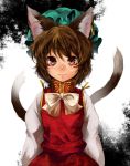  animal_ears brown_eyes brown_hair bust cat_ears cat_tail chen earrings face hat jewelry lips multiple_tails portrait short_hair single_earring smile solo tail touhou yana_(nekoarashi) 