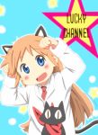  blue_eyes blush cat cat_ears cat_pose child company_connection diesel-turbo hakase_(nichijou) kemonomimi_mode konno_hiromi kyoto_animation labcoat long_hair lucky_star necktie nichijou official_style orange_hair parody paw_pose professor_shinonome sakamoto_(nichijou) scarf seiyuu_connection seiyuu_joke shiraishi_minoru_(seiyuu) 