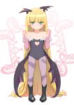  alternate_costume bare_shoulders bat_print bat_wings blonde_hair blush boots bridal_gauntlets capcom cosplay demon_wings flat_chest gloves gosick green_eyes head_wings heart heart_cutout highres leotard long_hair low_wings morrigan_aensland morrigan_aensland_(cosplay) pantyhose print_pantyhose solo standing ueyama_michirou vampire_(game) very_long_hair victorica_de_blois wings 