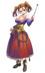  blush breasts cleavage corset dragon_quest dragon_quest_viii dress earrings jessica_albert jewelry large_breasts red_eyes red_hair redhead simple_background smile solo standing strapless_dress wand whip 