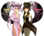  artist_request black_hair cleavage detached_sleeves elbow_gloves espeon hat jewelry kakizato necklace necktie pantyhose personification pink_hair pokemon pokemon_(game) pokemon_gsc ponytail purple_eyes red_eyes umbreon violet_eyes 