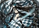  absurdres black_hair black_rock_shooter black_rock_shooter_(character) blue_eyes boots chain chains checkered checkered_floor highres navel solo suya000 twintails 