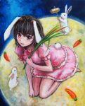  animal_ears black_hair bunny bunny_ears bunny_tail carrot dress face hammer inaba_tewi jewelry moon necklace oil_painting_(medium) rabbit red_eyes short_hair solo tafuto tail touhou traditional_media 