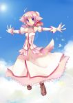  animal_ears bare_shoulders blue_eyes cloud clouds dog_days dog_ears dog_tail dress gloves highres kapiko lens_flare millhiore_f_biscotti open_mouth outstretched_arms pink_hair short_hair sky smile solo spread_arms tail white_gloves 