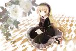  blonde_hair checkered checkered_floor dress flower flowers frills gosick gothic_lolita green_eyes hairband lolita_fashion long_hair looking_at_viewer machinosuke mary_janes shoes sitting solo tsurime v_arms very_long_hair victorica_de_blois victorique_de_broix wariza 