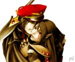  bolter brown_eyes brown_hair commissar couple eldar face_paint gems hat heresy hug imperial_guard long_hair looking_at_viewer pointy_ears skull smile warhammer_40k weapon yuikami 