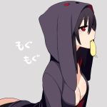  breasts chan_co cleavage darth_wooser eating food hoodie long_hair mouth_hold original profile red_eyes solo teeth wooser_(character) 