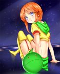  1girl blue_eyes blush boots elpeo_puru garter_straps garters gundam gundam_zz haro kyon_(fuuran) looking_back midriff orange_hair reflection short_hair sitting solo space star stars stockings thigh_boots thighhighs yukimi_dango 