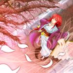  branch dagger expressionless fan folding_fan foreshortening from_above gentle_wolf jacket japanese_clothes kimono kotohime long_hair looking_up obi payot red_eyes red_hair redhead sandals solo tabi touhou touhou_(pc-98) weapon wide_sleeves 