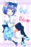  :3 ;3 ;d animal_ears blue_eyes blue_hair bow cat_ears cat_tail character_name checkered dress fang hair_bow highres mani mary_janes onka open_mouth original pillow ribbon shoes short_hair smile solo tail tail_ribbon thigh-highs thighhighs usashiro_mani wink zettai_ryouiki 