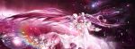  biiji dress earth floating_hair gloves goddess_madoka highres kaname_madoka long_hair long_image looking_up mahou_shoujo_madoka_magica rainbow ribbon solo space spoilers twintails ultimate_madoka very_long_hair white_dress white_gloves wide_image yellow_eyes 