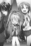  3girls buriki cosplay denpa_onna_to_seishun_otoko dress hair_ornament jeans long_hair maekawa mifune_ryuuko monochrome multiple_girls official_art ponytail short_hair shorts singing touwa_erio 