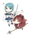  bad_id blood blue_eyes blue_hair bow cape dress knt31 long_hair mahou_shoujo_madoka_magica miki_sayaka multiple_girls nosebleed polearm red_eyes red_hair redhead sakura_kyouko short_hair skirt spear sword thighhighs tsuzuya_(knt31) weapon 