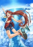  bad_id bike_shorts blue_eyes brown_hair cloud clouds flying long_hair original outstretched_arms pirano school_uniform shoes skirt sky sneakers solo spread_arms water 