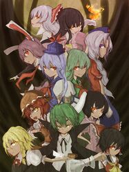  animal_ears antennae armpits ascot bad_anatomy black_hair blonde_hair blue_hair bow braid brown_hair bunny_ears cape capelet cross detached_sleeves dual_persona everyone ex-keine fire fujiwara_no_mokou green_eyes green_hair hair_bow hakurei_reimu hat highres horns houraisan_kaguya imperishable_night inaba_tewi japanese_clothes kamishirasawa_keine kirisame_marisa long_hair mini-hakkero multiple_girls mystia_lorelei necktie no_hat no_headwear nurse_cap purple_eyes purple_hair red_eyes red_hair reisen_udongein_inaba reverse_trap saiho sarashi short_hair silver_hair skirt smile touhou wings wriggle_nightbug yagokoro_eirin yellow_eyes 