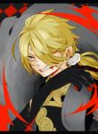  1boy black_gloves blonde_hair blood bust clenched_teeth gloves hair_over_one_eye letterboxed long_hair male_focus meily ponytail shishiou solo torn_clothes torn_gloves touken_ranbu 